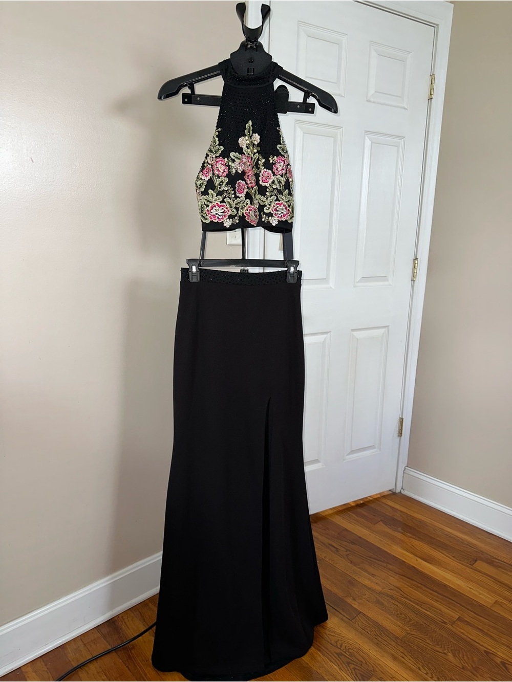 Jodi Kristopher Two-Piece Black Evening Gown with Embroidered Halter Top NWT
